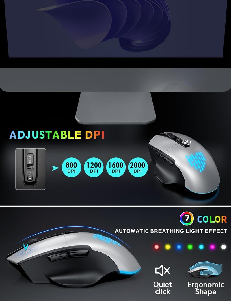 SABLUTE Wireless Keyboard and Mouse Backlits, Wrist Rest, LED Mouse, Rechargeable Ergonomic Keyboard with Phone Holder, Silent Light Up Combo for Computer, Mac, PC, Laptop, Chromebook (Silver Black) - Image 4